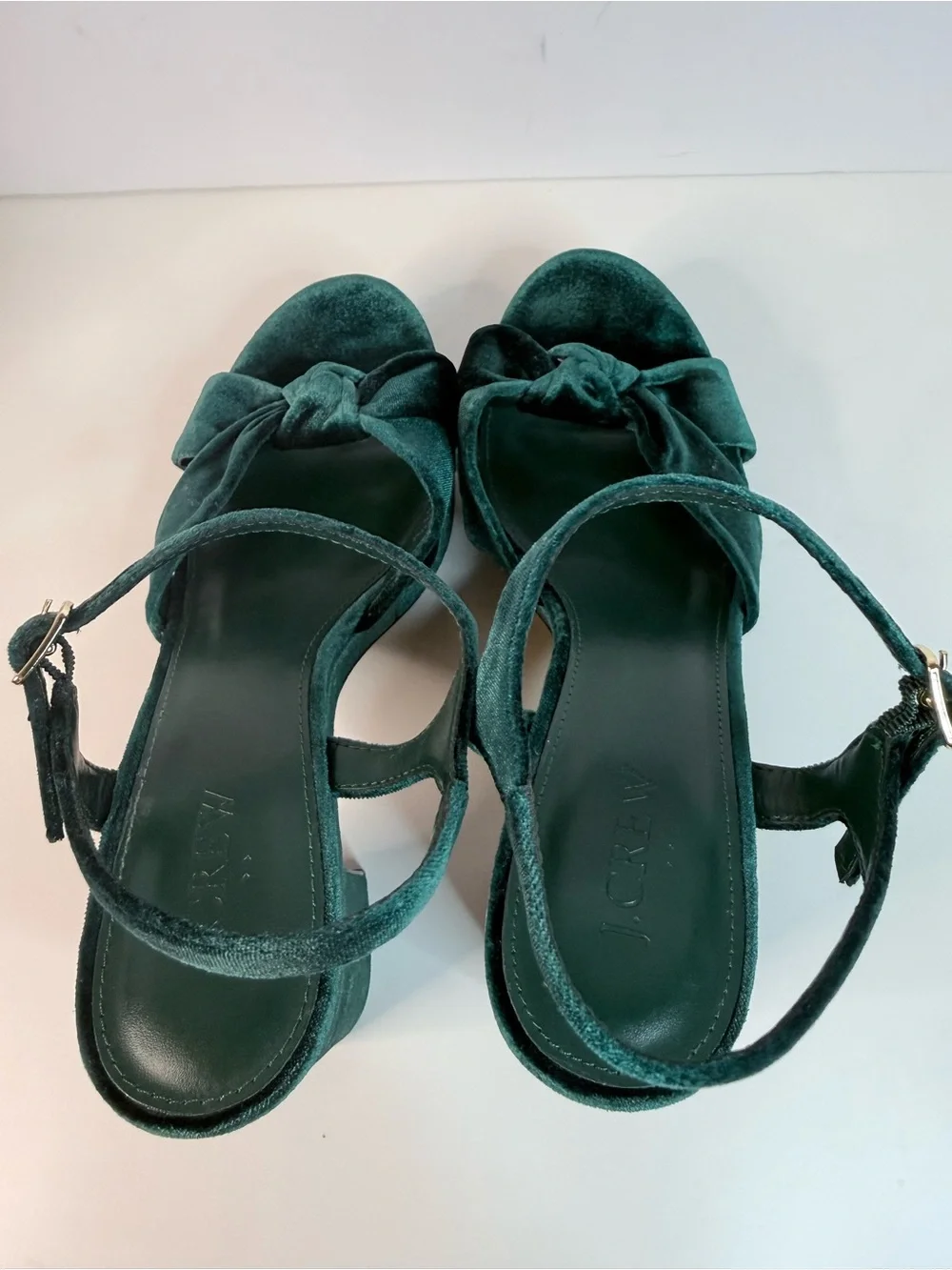 J. Crew Emerald Green Velvet Platform Sandals Bow Sandals Size 9